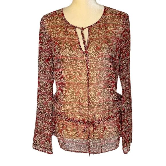 Tops - Womens Top Sheer Multicolored Henley V Neck Tie Large